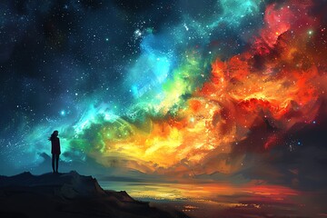Fototapeta premium Silhouette of a person standing before a vibrant cosmic landscape, with swirling nebulae and stars.