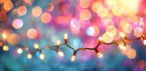 In the background you will see colorful bokeh and retro string lights in a festive setting