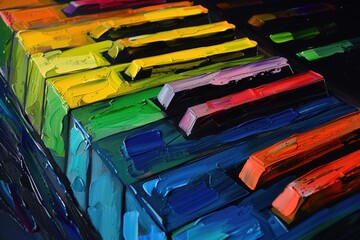 a image of a painting of a piano keyboard with many colors