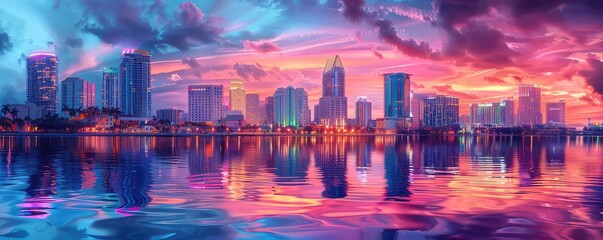 Fototapeta premium Neon city skyline reflecting on a river, bright hues, photorealistic, digital painting, vibrant and serene,