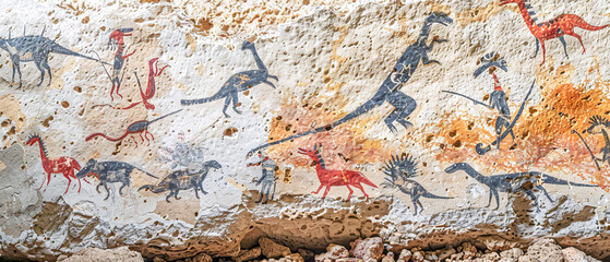 Naklejka premium Ancient Cave Art Depicting Alien-like Figures Intricate Rock Paintings Showcasing Mysterious Anthropomorphic Creatures in a Historic Archaeological Setting Wallpaper Digital Art Poster Brainstorming