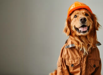 American holiday. Happy Labor Day. Background with a cheerful dog and a construction helmet for banner, advertising