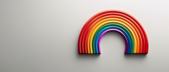 A minimalist postcard for Pride Month with a light gray background and a small, colorful rainbow arc in the lower corner