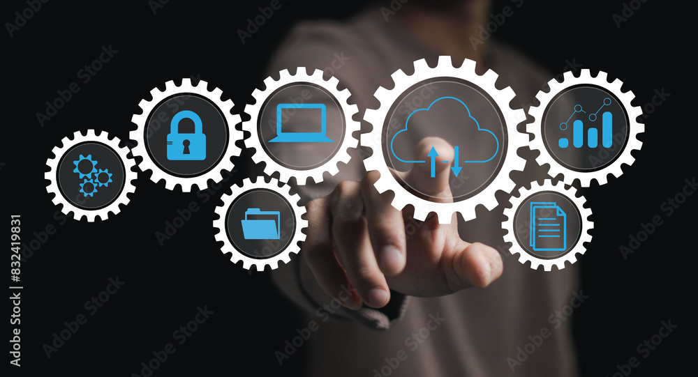 Poster businessman shows cloud storage network technology icon, data transfer and online data storage for b