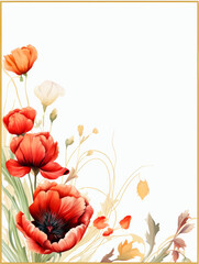 Floral frame with poppy and tulip in pastel colors and golden accents, elegant and delicate.