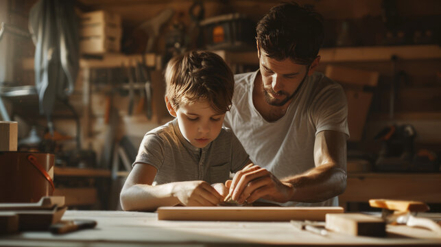 Father and child working on a DIY project in a cozy garage with warm sunlight. Bonding moment over woodworking.