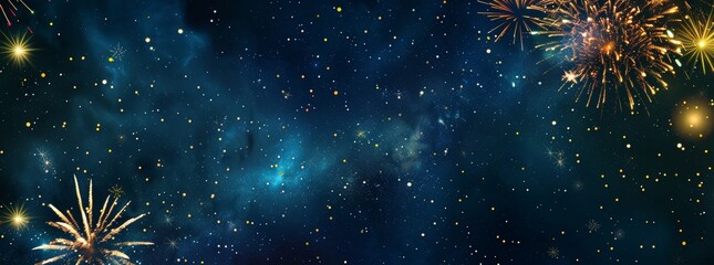 On a blue background, fireworks are displayed with stars and text space
