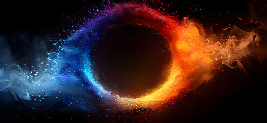 Abstract image featuring a dynamic ring of fire and ice energy, with vibrant blue and orange hues against a dark background