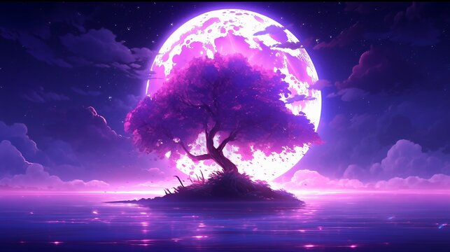 Beautiful tree  in Alien planet with Purple sky