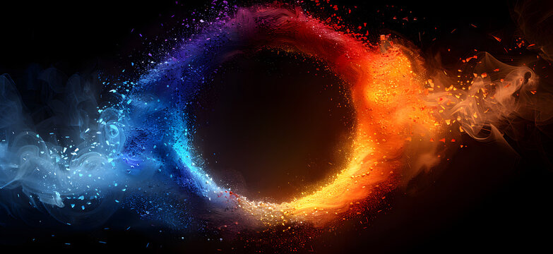 Abstract image featuring a dynamic ring of fire and ice energy, with vibrant blue and orange hues against a dark background