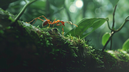 Close-up of a solitary red ant on a mossy log in a lush green forest with sunlight filtering through foliage