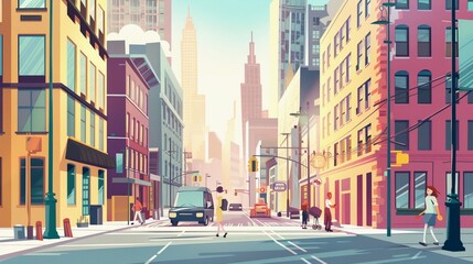 一点透視図法で、高いビルの並んだ都市の景観のポップなイラスト