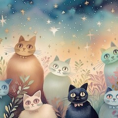 いろいろな猫たちが並んで星空を見るイラスト
