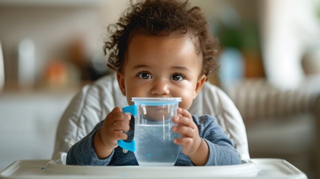 Happy Baby Sitting in High Chair Enjoying Water from Sippy Cup