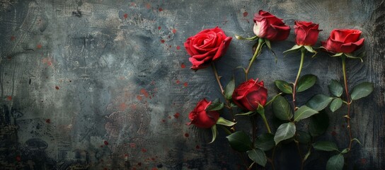 The image shows a bouquet of red rose flowers on a wooden background for a Valentine's day greeting card.