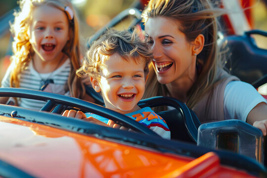 Young children and mother smiling and enjoying a rollercoaster ride at an amusement park