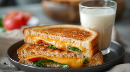 Close-Up of Cheese and Vegetable Toasted Sandwich with Melted Cheese and Glass of Milk