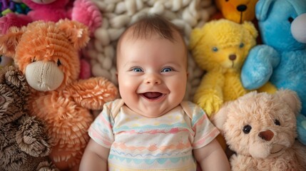 Joyful Baby Surrounded by Plush Toys on Soft Blanket Laughing and Giggling