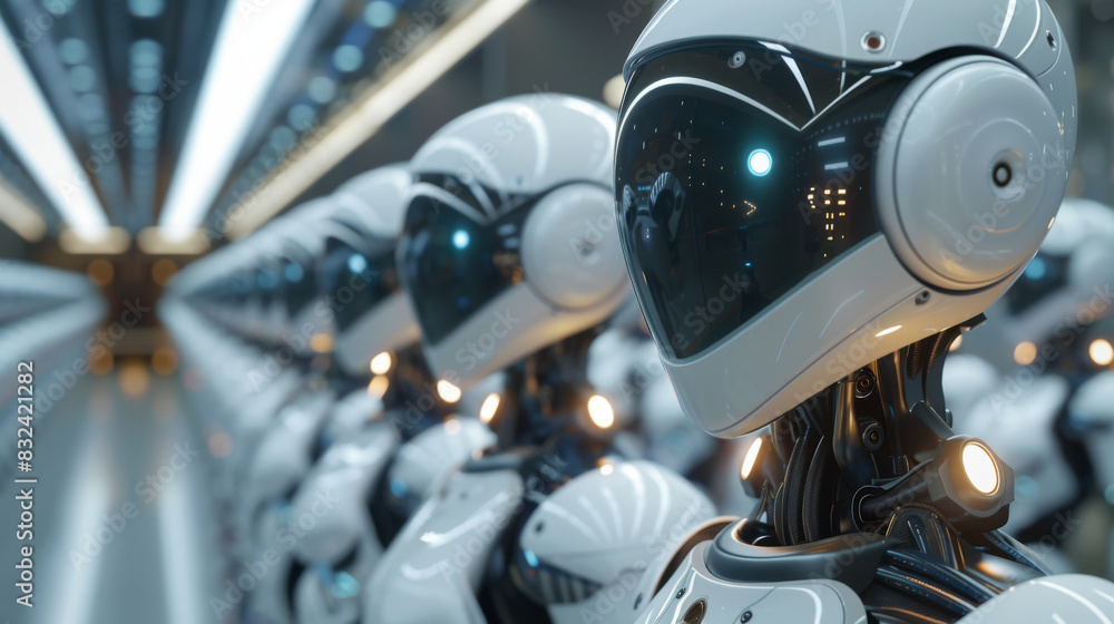 Poster a line of sleek, white futuristic robots being assembled in a high-tech factory, showcasing advanced