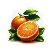 Orange with cut in half and green leaves.GenerativeAI