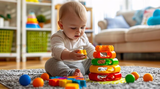 Curious Baby Engrossed in Shape Sorter Toy Play on the Floor
