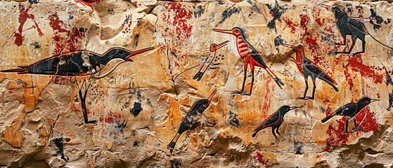 Ancient Cave Art Depicting Alien-like Figures Intricate Rock Paintings Showcasing Mysterious Anthropomorphic Creatures in a Historic Archaeological Setting Wallpaper Digital Art Poster Brainstorming