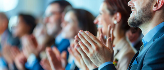Close-up of a group of people in formal attire enthusiastically clapping at a conference or event.