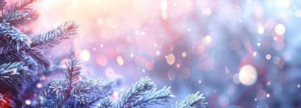 Background with a Christmas tree decorated with garland lights, holiday celebration. Widescreen frame backdrop. New Year winter art design, Christmas scene widescreen holiday border.