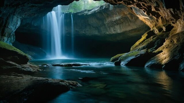 waterfall in the cave, seamless looping animation video background 