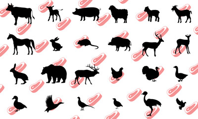 Vector animals meat icons. Cow, calf, pig, sheep, lamb, goat, horse, rabbit, nutria, boar, deer, roe deer, hare, bear, elk, chicken, turkey, goose, duck, mallard, pheasant, partridge, ostrich, dove.