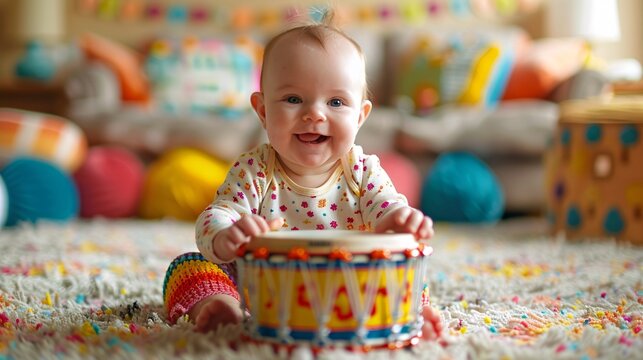Joyful Baby Drumming - Cute infant happily playing with toy drum, hitting it with tiny hands in a playful manner.