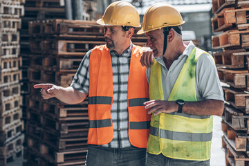 Two workers, walk through the factory yard, checking product numbers and quality. They discuss...