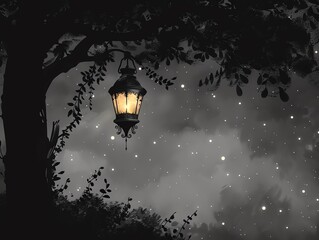 Obraz premium A magical night with a glowing lantern hanging on a tree branch, surrounded by a starry sky and silhouetted foliage.