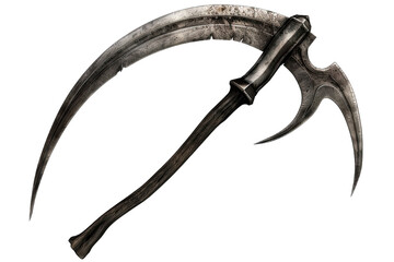 Vintage scythe weapon with a weathered blade and wooden handle, isolated on white background, ideal for historical or fantasy themes.