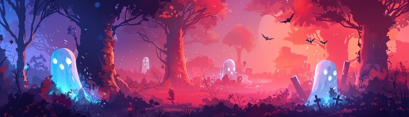 A mystical forest filled with glowing ghosts and enchanted trees under a vibrant twilight sky, evoking a sense of eerie beauty and magical wonder.