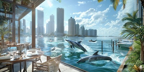 a image of a couple of dolphins jumping out of the water