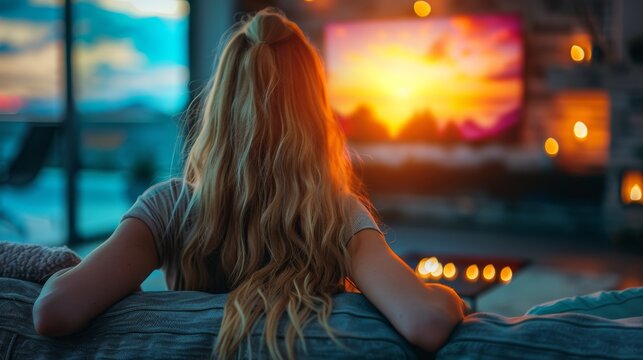 Young woman watching television on sofa in living room, rear view angle for immersive experience