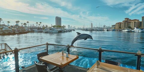 Naklejka premium a image of a dolphin jumping out of the water from a boat
