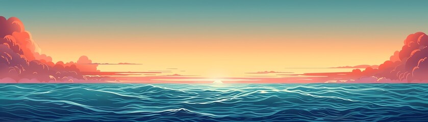 Peaceful ocean scene at sunset with calm waves and vibrant sky colors, creating a serene and tranquil atmosphere.