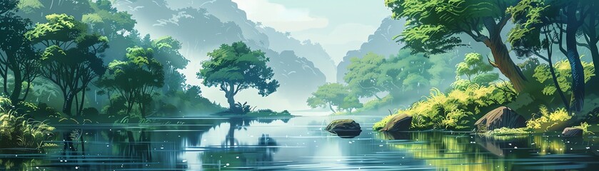 Serene forest landscape with a tranquil river reflecting lush green trees and distant mountains under a clear sky.