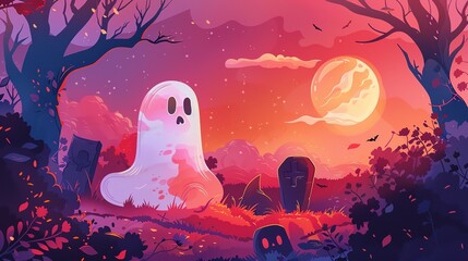 Spooky cartoon ghost in a haunted forest during sunset, with gravestones and a glowing full moon in the background.