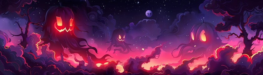 Spooky Halloween night with glowing jack-o'-lanterns, eerie trees, and a mystical sky. Perfect for festive and haunting seasonal themes.