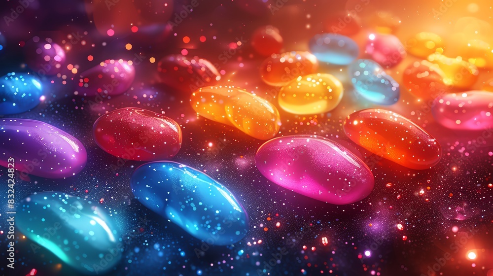 Poster vibrant multicolored jellybeans with sparkling effect on a cosmic background, capturing a playful an