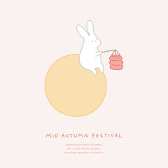 Illustration of mid-autumn festival with moon and rabbit holding a lantern.