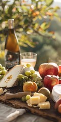 Sunlit orchard with a rustic table laden with fresh fruits, artisanal cheeses, and a sparkling cider, showcasing a bounty of natural colors and textures, ai generated