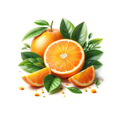 Orange with cut in half and green leaves realistic.GenerativeAI