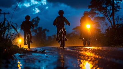 Risky Fun: Children Enjoying Nighttime Bike Ride on Dark Rural Road