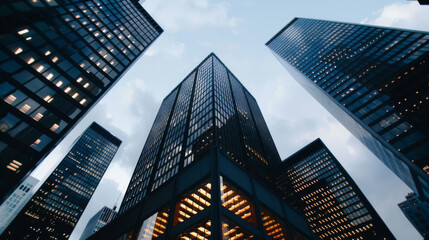 Naklejka premium Dynamic low angle view of modern skyscrapers against a cloudy sky, showcasing contemporary architecture and urban development.