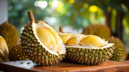 Closeup of durian showcasing its sweet taste and distinctive aroma selective focus, tropical delight, ethereal, overlay, fruit market backdrop