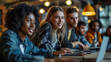 Fototapeta premium Smart young students studying in university with happy diverse multiethnic classmates